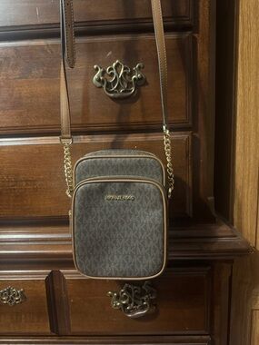 Michael Kors Brown Signature MK Crossbody Phone Bag with Gold Hardware